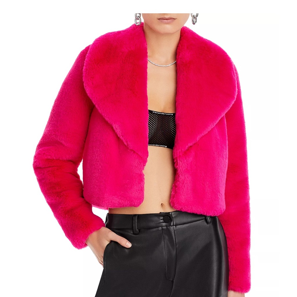 New L'AGENCE Davy Faux Fur Cropped Jacket Fuchsia Size 2